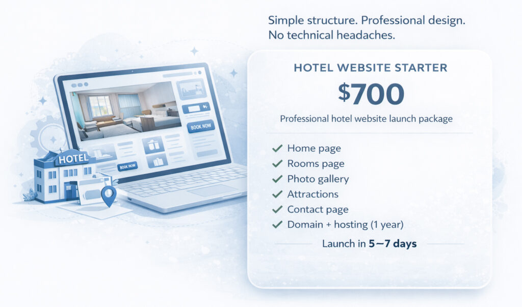 Hotel website design starter package – professional hotel website for $700 including hosting and launch