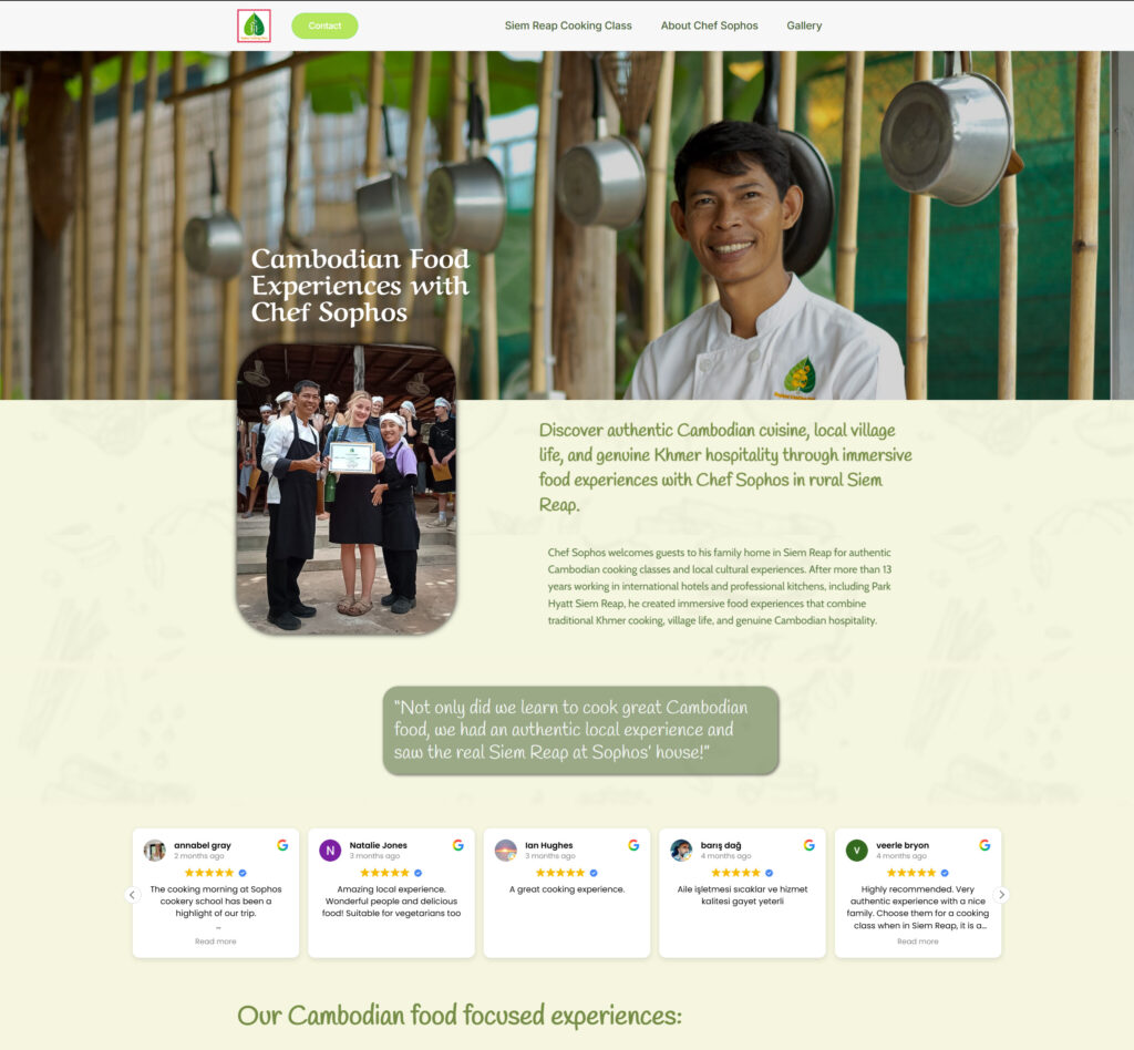 Sophos Cooking Class website designed by Exposure Creative, showcasing authentic Khmer cooking experiences in Siem Reap with custom web design and local cultural storytelling