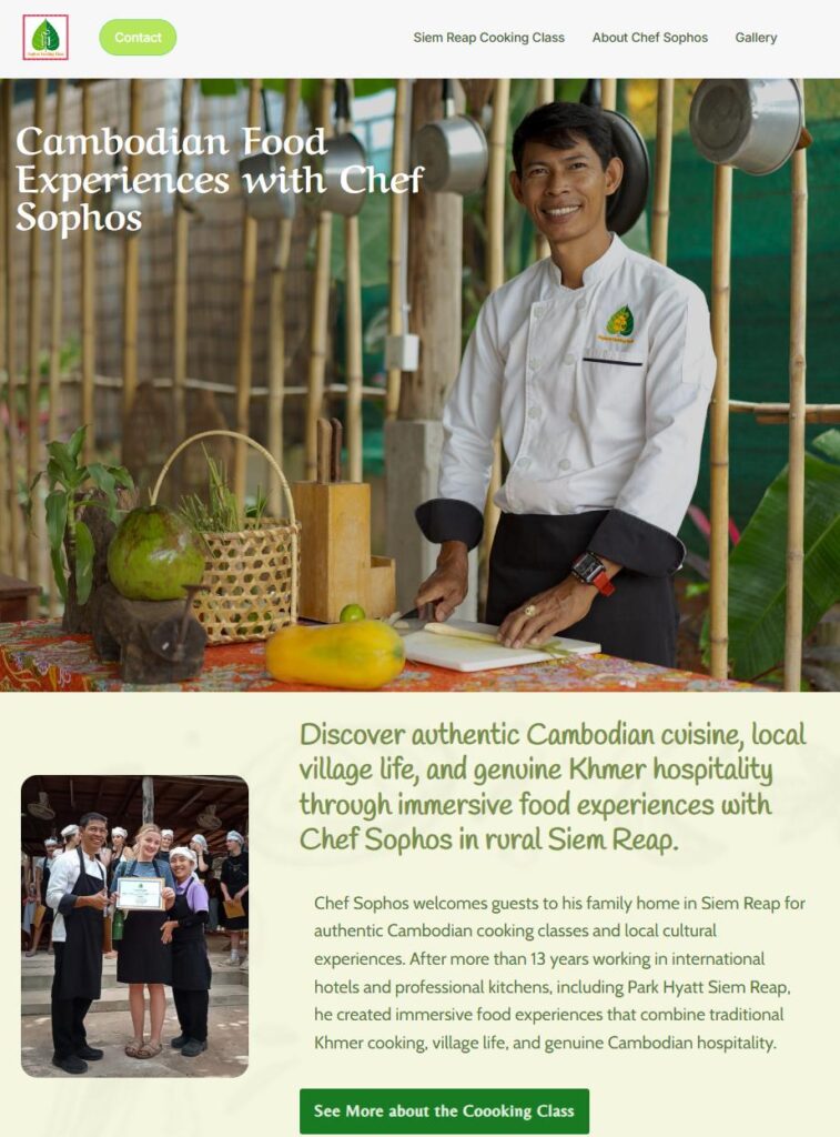 Sophos Cooking Class website designed by Exposure Creative, showcasing authentic Khmer cooking experiences in Siem Reap with custom web design and local cultural storytelling
